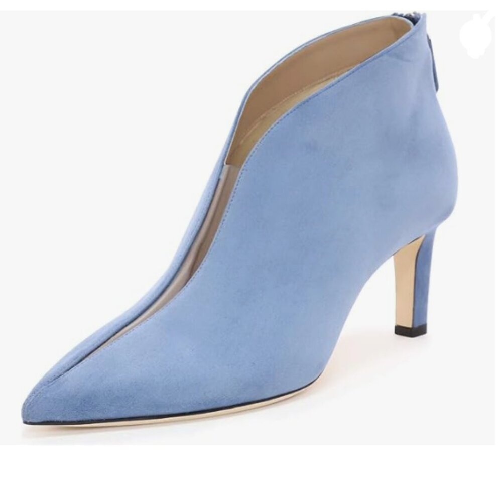YDN Blue Pointed Toe V Cut Ankle Booties Mid Heel Faux Suede PVC Zippers Boots
